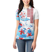 Hawaiian Tribal Manta Ray Women Polo Shirt Kakau Tattoo and Flowers Surfing Waves Pattern Ocean Color