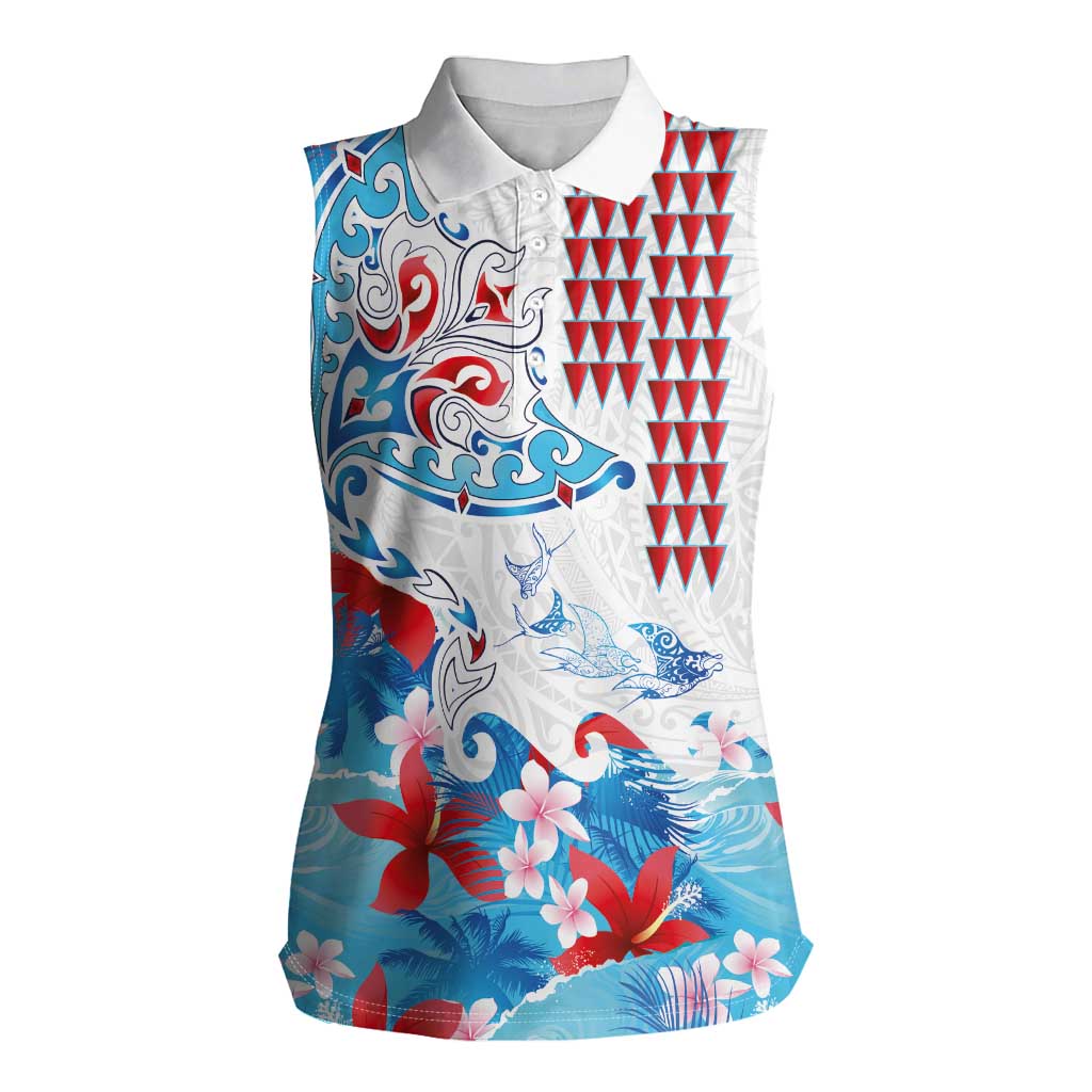 Hawaiian Tribal Manta Ray Women Sleeveless Polo Shirt Kakau Tattoo and Flowers Surfing Waves Pattern Ocean Color LT03 Female Multicolor - Polynesian Pride