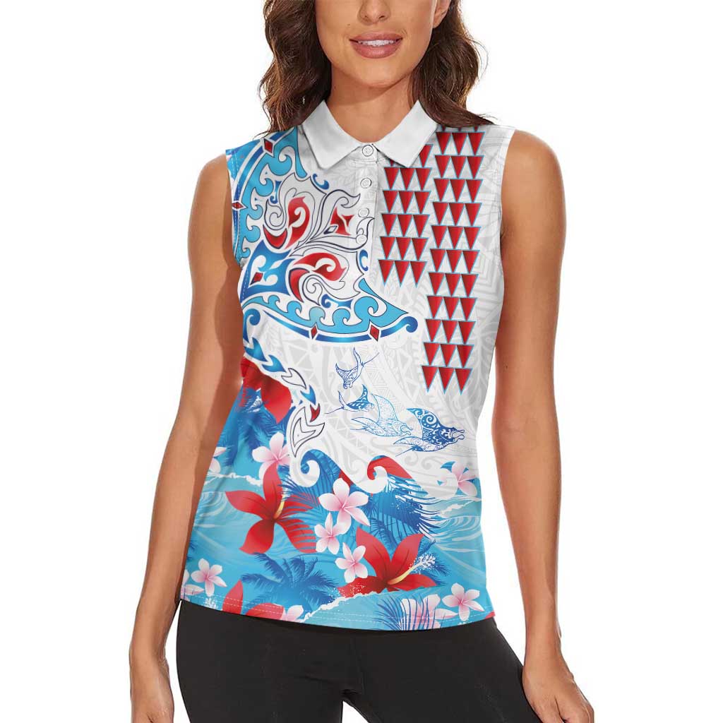 Hawaiian Tribal Manta Ray Women Sleeveless Polo Shirt Kakau Tattoo and Flowers Surfing Waves Pattern Ocean Color LT03 - Polynesian Pride