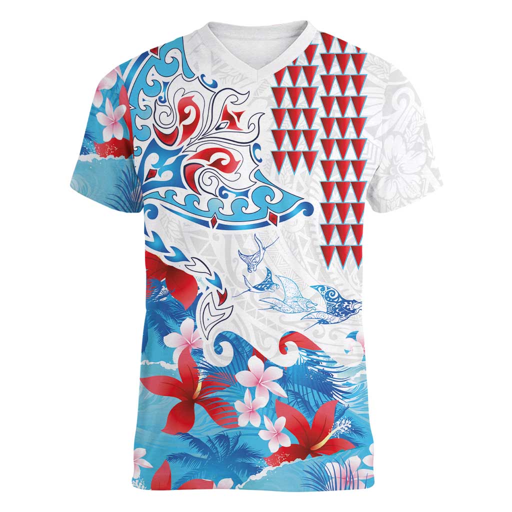 Hawaiian Tribal Manta Ray Women V-Neck T-Shirt Kakau Tattoo and Flowers Surfing Waves Pattern Ocean Color LT03 Female Multicolor - Polynesian Pride
