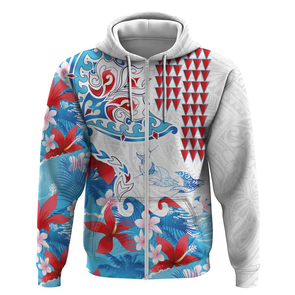 Hawaiian Tribal Manta Ray Zip Hoodie Kakau Tattoo and Flowers Surfing Waves Pattern Ocean Color