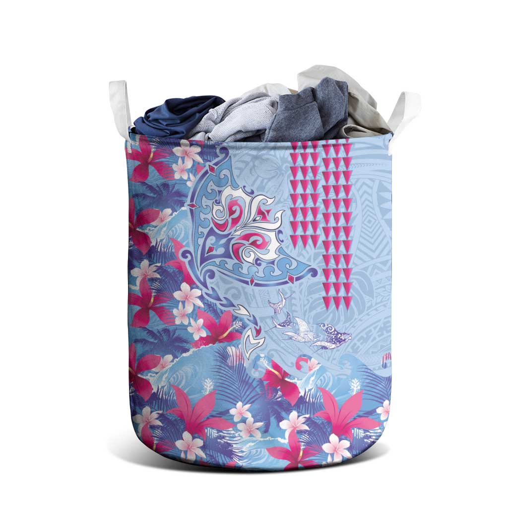 Hawaiian Tribal Manta Ray Laundry Basket Kakau Tattoo and Flowers Surfing Waves Pattern Soft Color