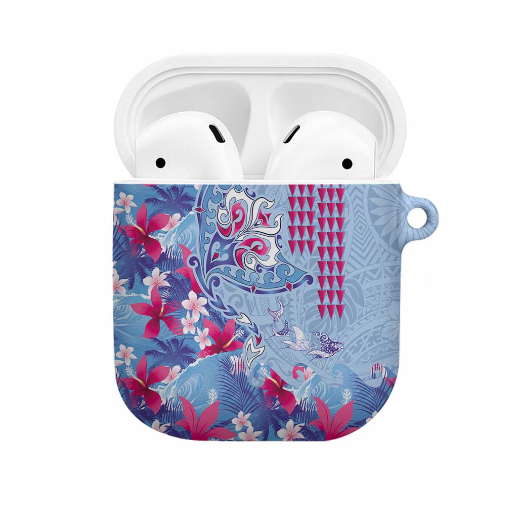 Hawaiian Tribal Manta Ray AirPods Case Kakau Tattoo and Flowers Surfing Waves Pattern Soft Color LT03 Multicolor - Polynesian Pride
