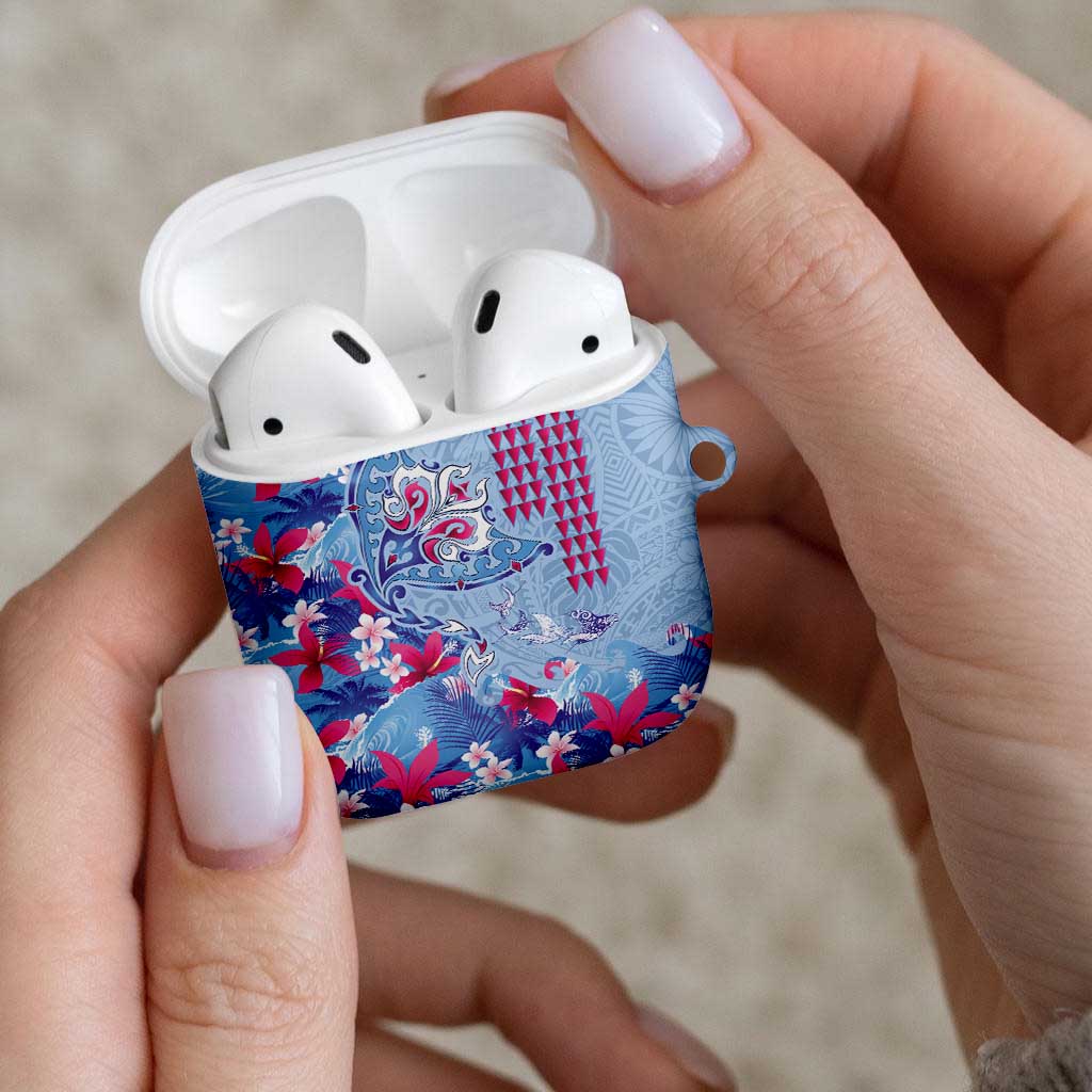 Hawaiian Tribal Manta Ray AirPods Case Kakau Tattoo and Flowers Surfing Waves Pattern Soft Color LT03 - Polynesian Pride