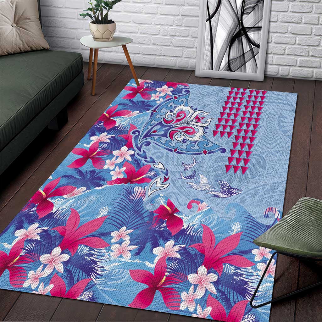Hawaiian Tribal Manta Ray Area Rug Kakau Tattoo and Flowers Surfing Waves Pattern Soft Color LT03 Multicolor - Polynesian Pride