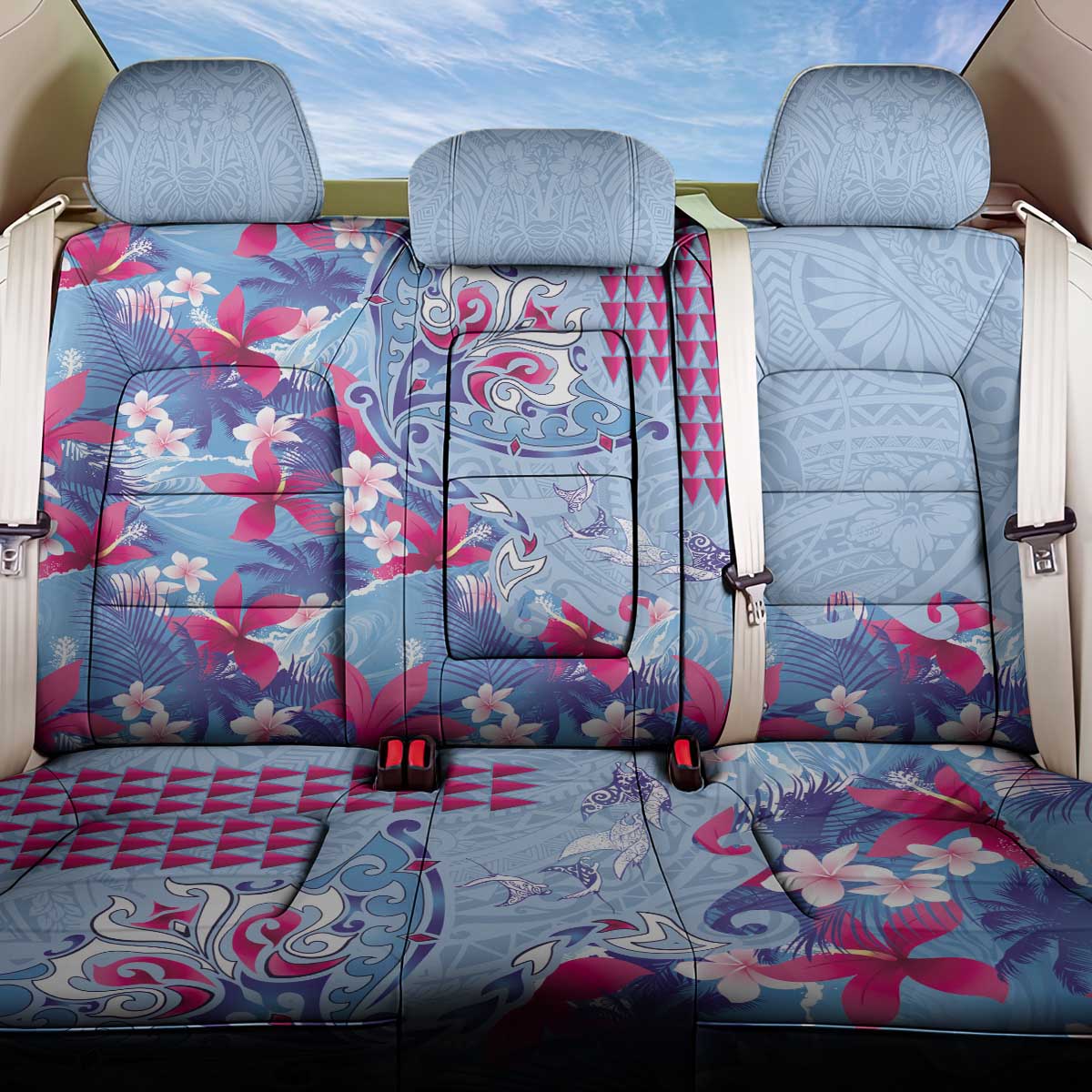 Hawaiian Tribal Manta Ray Back Car Seat Cover Kakau Tattoo and Flowers Surfing Waves Pattern Soft Color LT03 One Size Multicolor - Polynesian Pride