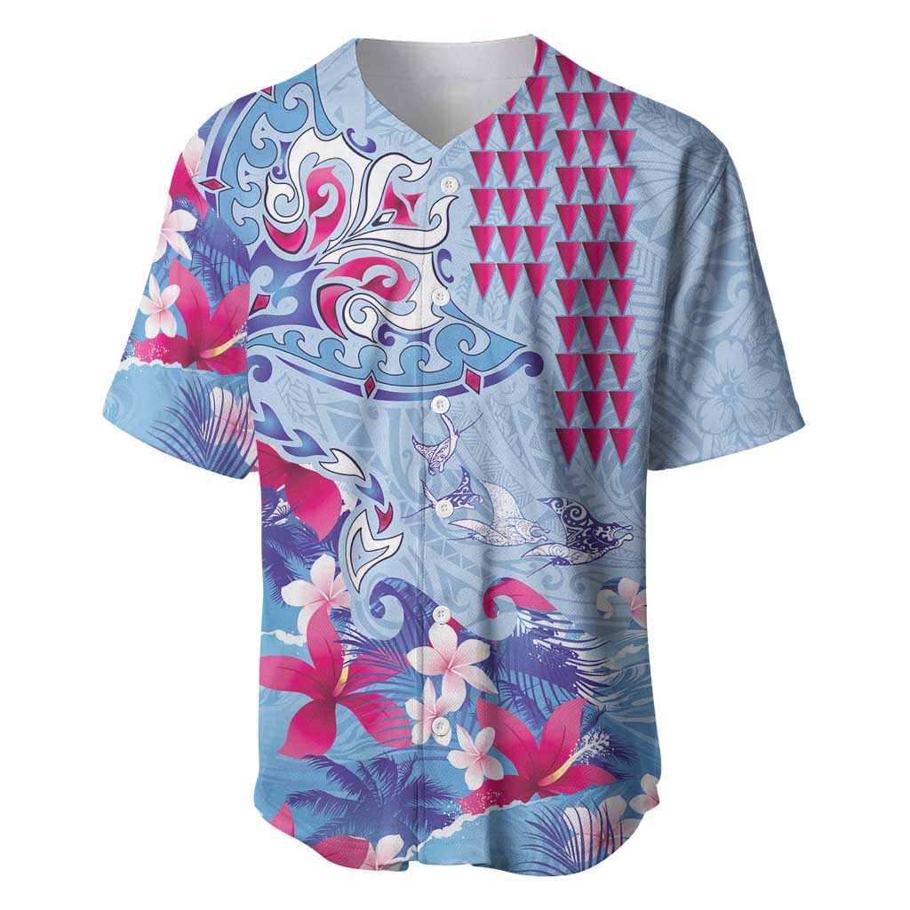 Hawaiian Tribal Manta Ray Baseball Jersey Kakau Tattoo and Flowers Surfing Waves Pattern Soft Color