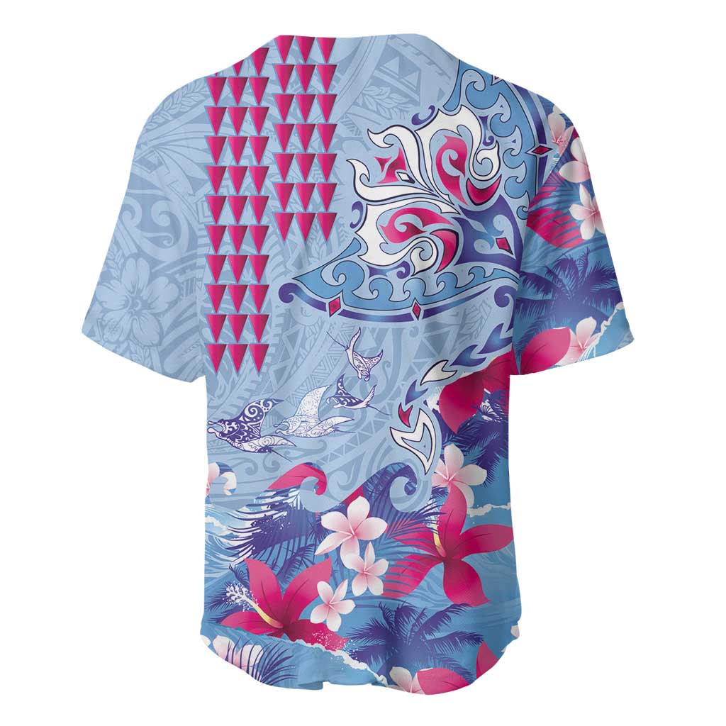 Hawaiian Tribal Manta Ray Baseball Jersey Kakau Tattoo and Flowers Surfing Waves Pattern Soft Color