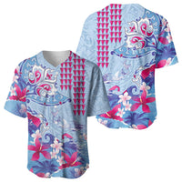 Hawaiian Tribal Manta Ray Baseball Jersey Kakau Tattoo and Flowers Surfing Waves Pattern Soft Color
