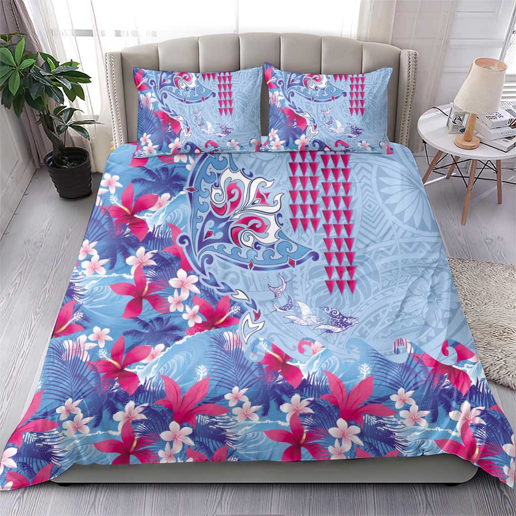 Hawaiian Tribal Manta Ray Bedding Set Kakau Tattoo and Flowers Surfing Waves Pattern Soft Color