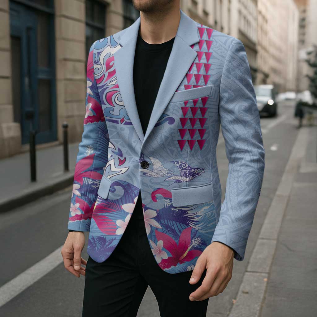 Hawaiian Tribal Manta Ray Blazer Kakau Tattoo and Flowers Surfing Waves Pattern Soft Color