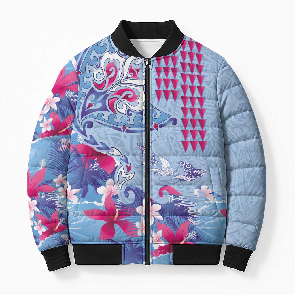 Hawaiian Tribal Manta Ray Bomber Puffer Jacket Kakau Tattoo and Flowers Surfing Waves Pattern Soft Color LT03 Unisex Multicolor - Polynesian Pride