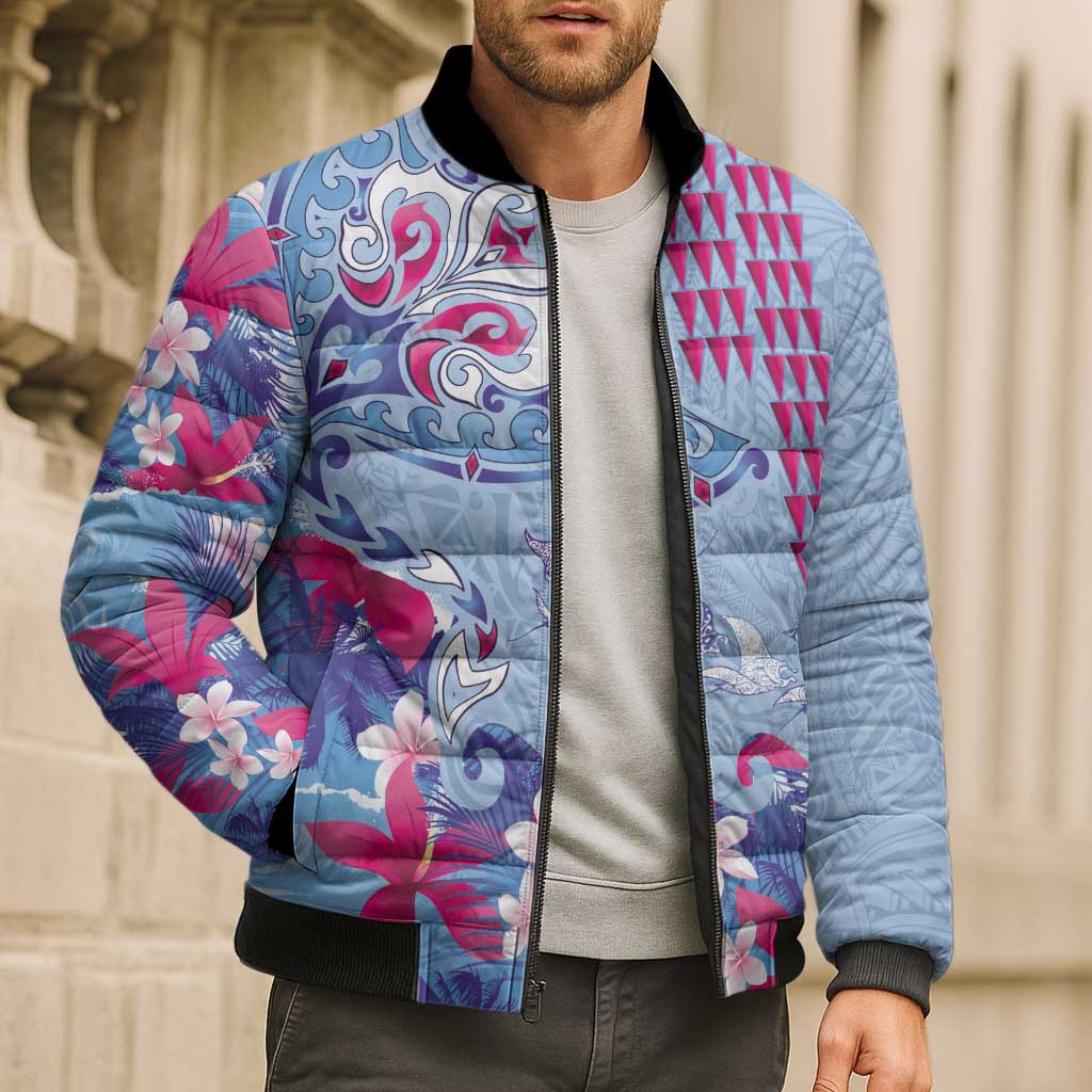 Hawaiian Tribal Manta Ray Bomber Puffer Jacket Kakau Tattoo and Flowers Surfing Waves Pattern Soft Color