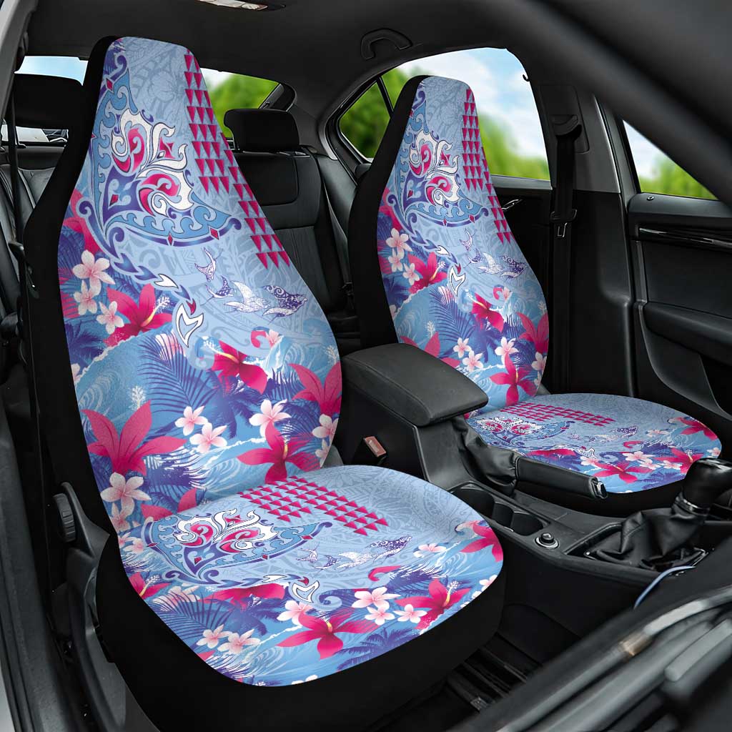 Hawaiian Tribal Manta Ray Car Seat Cover Kakau Tattoo and Flowers Surfing Waves Pattern Soft Color LT03 One Size Multicolor - Polynesian Pride