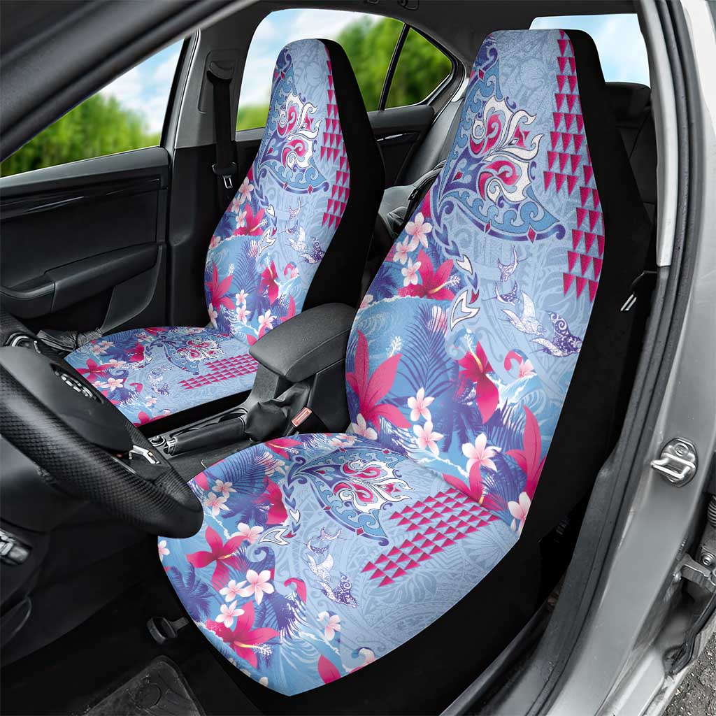 Hawaiian Tribal Manta Ray Car Seat Cover Kakau Tattoo and Flowers Surfing Waves Pattern Soft Color LT03 - Polynesian Pride