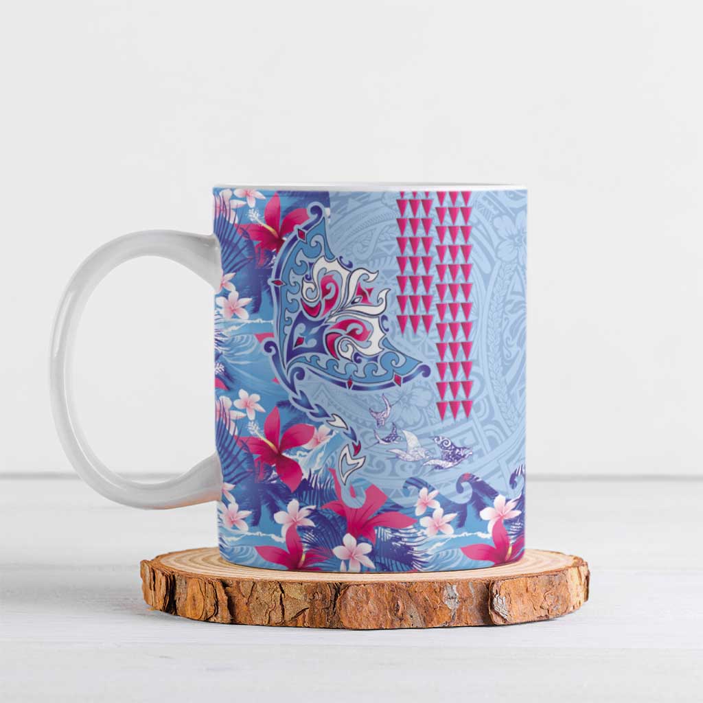 Hawaiian Tribal Manta Ray Ceramic Mug Kakau Tattoo and Flowers Surfing Waves Pattern Soft Color LT03 Multicolor - Polynesian Pride