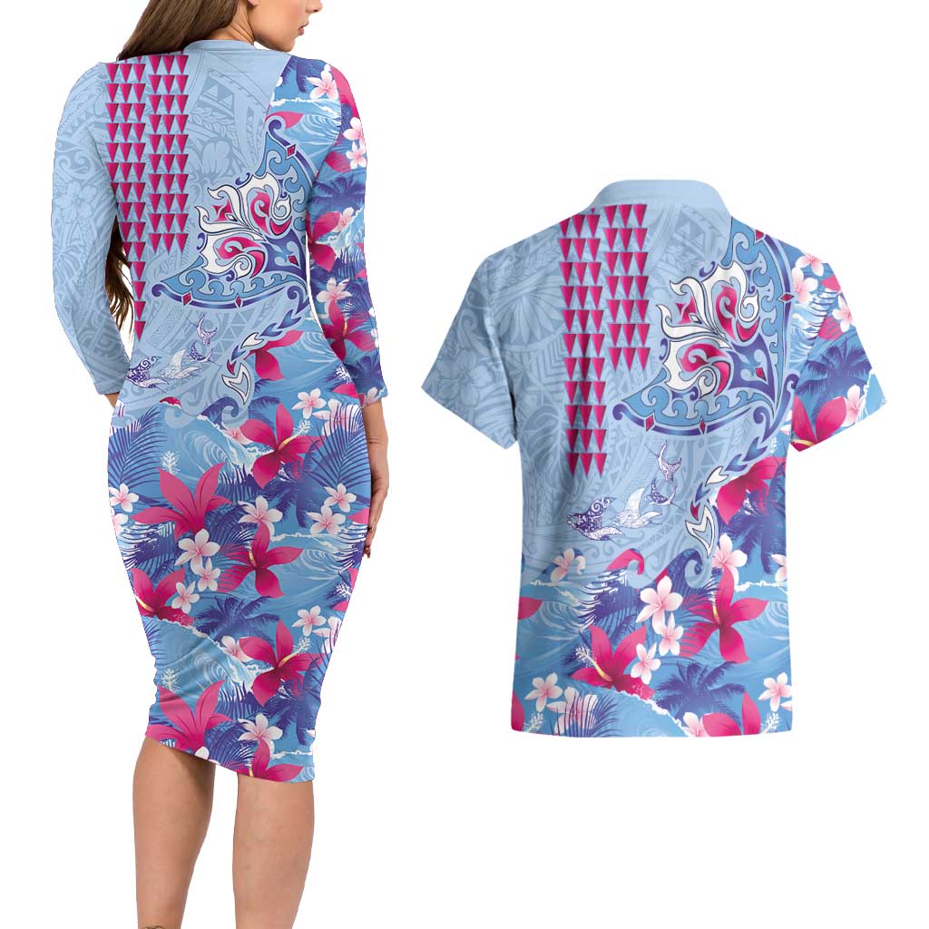 Hawaiian Tribal Manta Ray Couples Matching Long Sleeve Bodycon Dress and Hawaiian Shirt Kakau Tattoo and Flowers Surfing Waves Pattern Soft Color LT03 - Polynesian Pride