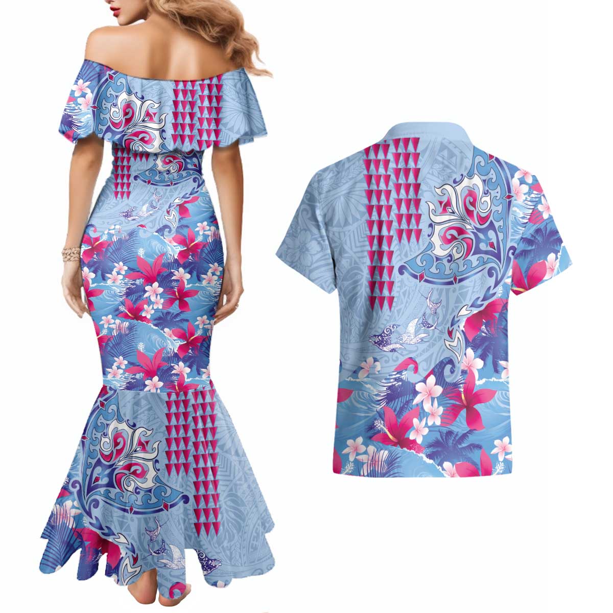Hawaiian Tribal Manta Ray Couples Matching Mermaid Dress and Hawaiian Shirt Kakau Tattoo and Flowers Surfing Waves Pattern Soft Color LT03 - Polynesian Pride