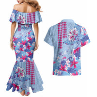 Hawaiian Tribal Manta Ray Couples Matching Mermaid Dress and Hawaiian Shirt Kakau Tattoo and Flowers Surfing Waves Pattern Soft Color LT03 - Polynesian Pride