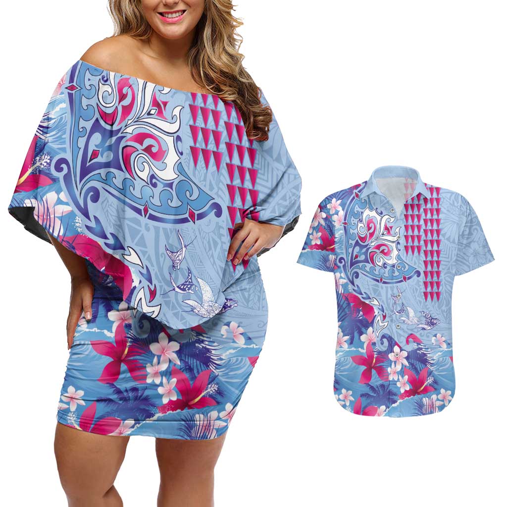 Hawaiian Tribal Manta Ray Couples Matching Off Shoulder Short Dress and Hawaiian Shirt Kakau Tattoo and Flowers Surfing Waves Pattern Soft Color