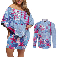 Hawaiian Tribal Manta Ray Couples Matching Off Shoulder Short Dress and Long Sleeve Button Shirt Kakau Tattoo and Flowers Surfing Waves Pattern Soft Color