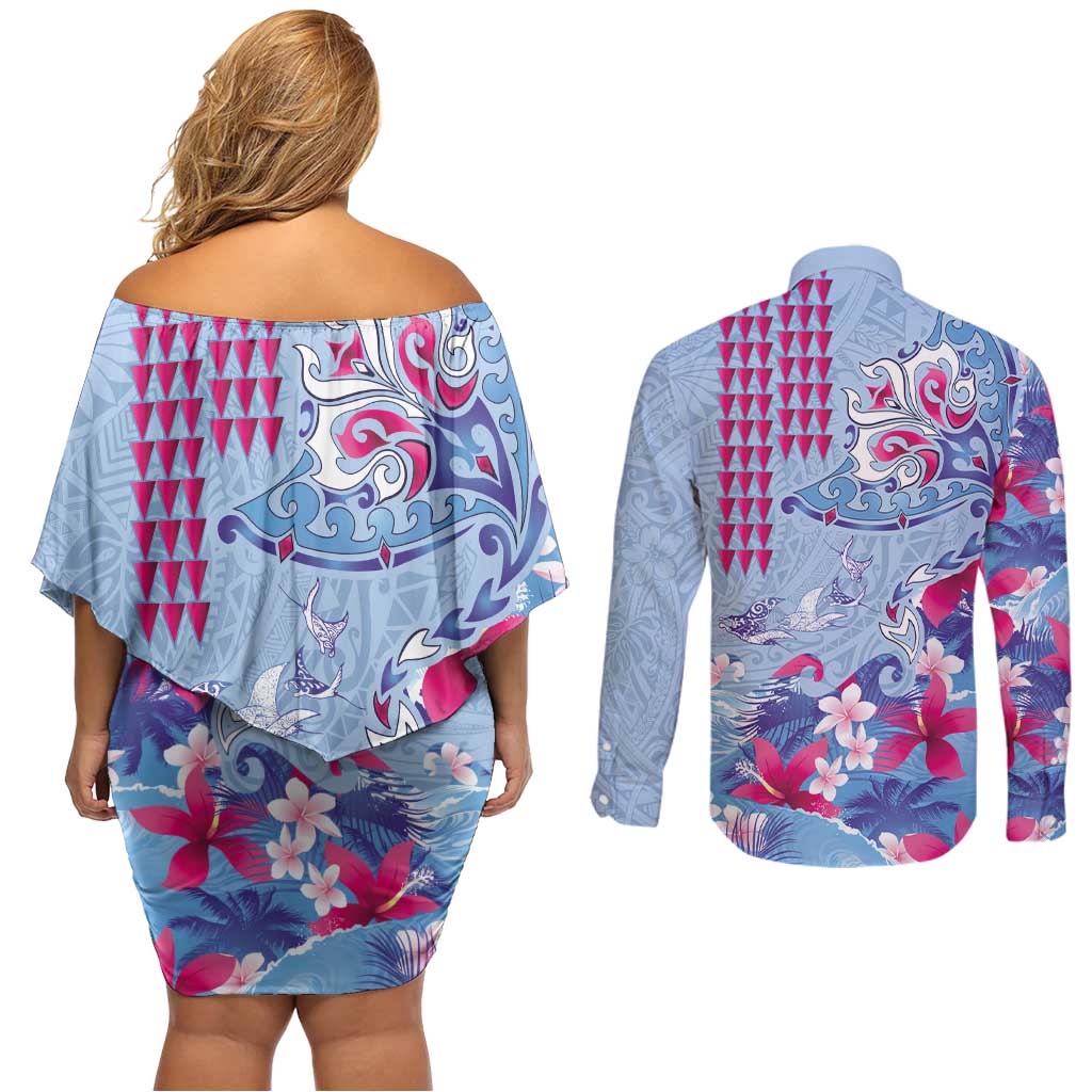 Hawaiian Tribal Manta Ray Couples Matching Off Shoulder Short Dress and Long Sleeve Button Shirt Kakau Tattoo and Flowers Surfing Waves Pattern Soft Color