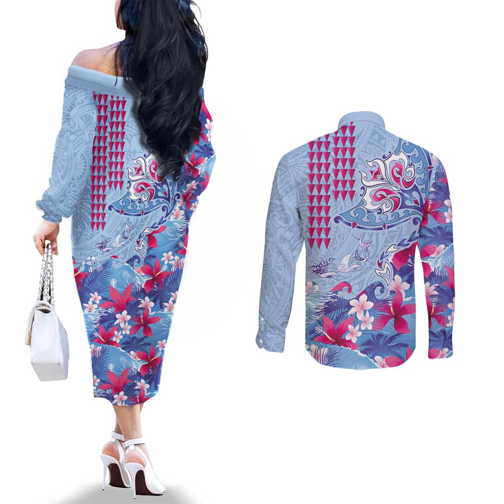 Hawaiian Tribal Manta Ray Couples Matching Off The Shoulder Long Sleeve Dress and Long Sleeve Button Shirt Kakau Tattoo and Flowers Surfing Waves Pattern Soft Color