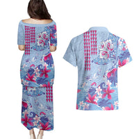 Hawaiian Tribal Manta Ray Couples Matching Puletasi and Hawaiian Shirt Kakau Tattoo and Flowers Surfing Waves Pattern Soft Color