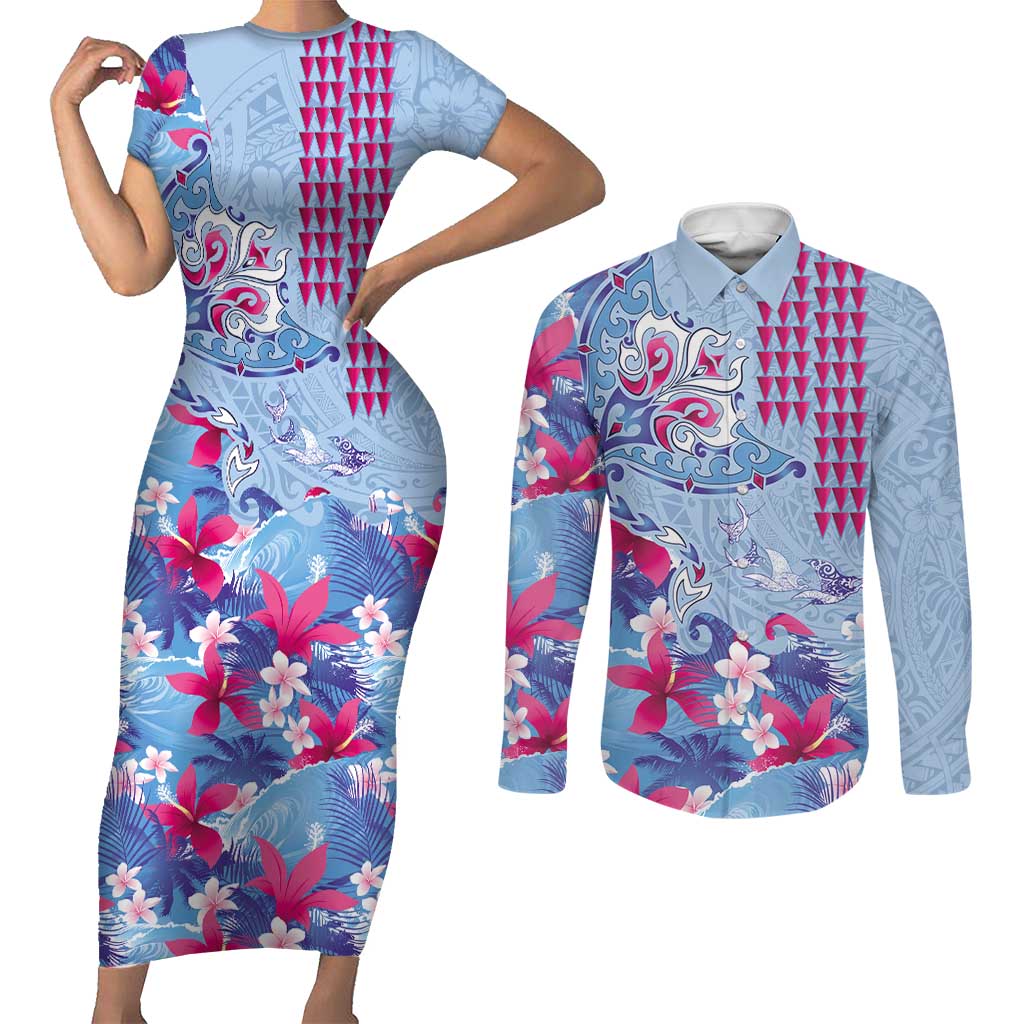 Hawaiian Tribal Manta Ray Couples Matching Short Sleeve Bodycon Dress and Long Sleeve Button Shirt Kakau Tattoo and Flowers Surfing Waves Pattern Soft Color