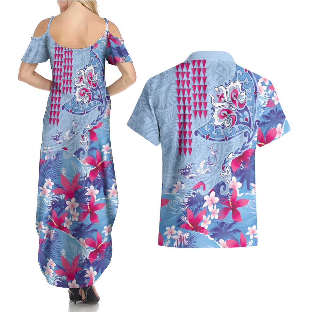 Hawaiian Tribal Manta Ray Couples Matching Summer Maxi Dress and Hawaiian Shirt Kakau Tattoo and Flowers Surfing Waves Pattern Soft Color