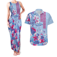 Hawaiian Tribal Manta Ray Couples Matching Tank Maxi Dress and Hawaiian Shirt Kakau Tattoo and Flowers Surfing Waves Pattern Soft Color LT03 Multicolor - Polynesian Pride
