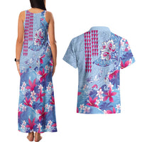 Hawaiian Tribal Manta Ray Couples Matching Tank Maxi Dress and Hawaiian Shirt Kakau Tattoo and Flowers Surfing Waves Pattern Soft Color LT03 - Polynesian Pride