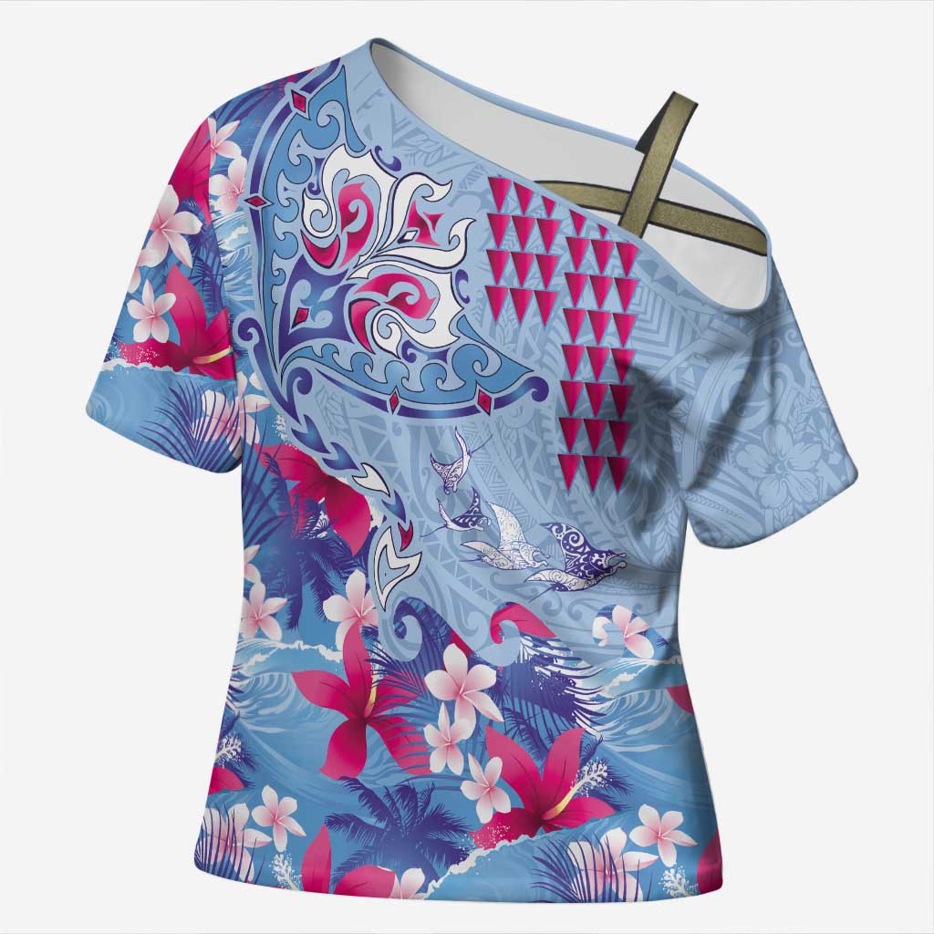 Hawaiian Tribal Manta Ray Cross Shoulder Shirt Kakau Tattoo and Flowers Surfing Waves Pattern Soft Color LT03 Female Multicolor - Polynesian Pride
