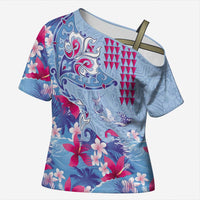 Hawaiian Tribal Manta Ray Cross Shoulder Shirt Kakau Tattoo and Flowers Surfing Waves Pattern Soft Color LT03 Female Multicolor - Polynesian Pride