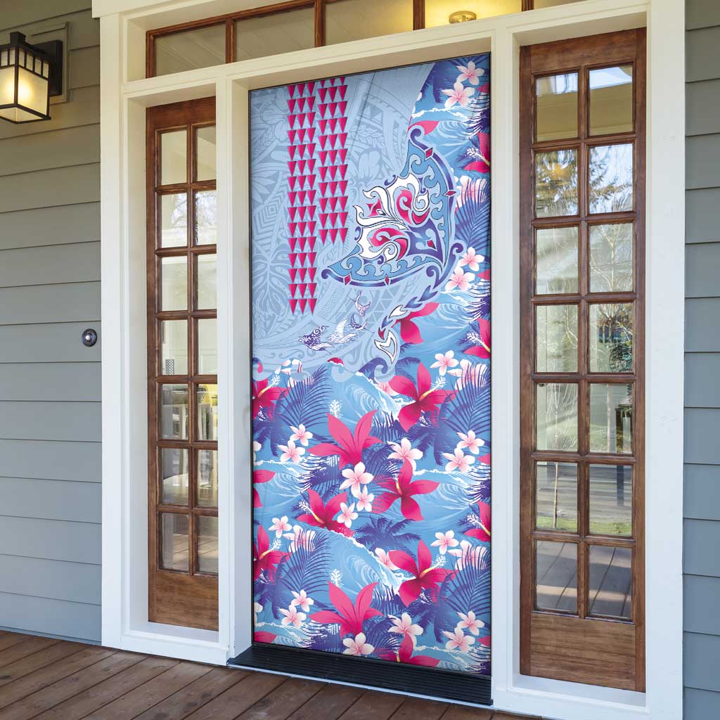 Hawaiian Tribal Manta Ray Door Cover Kakau Tattoo and Flowers Surfing Waves Pattern Soft Color