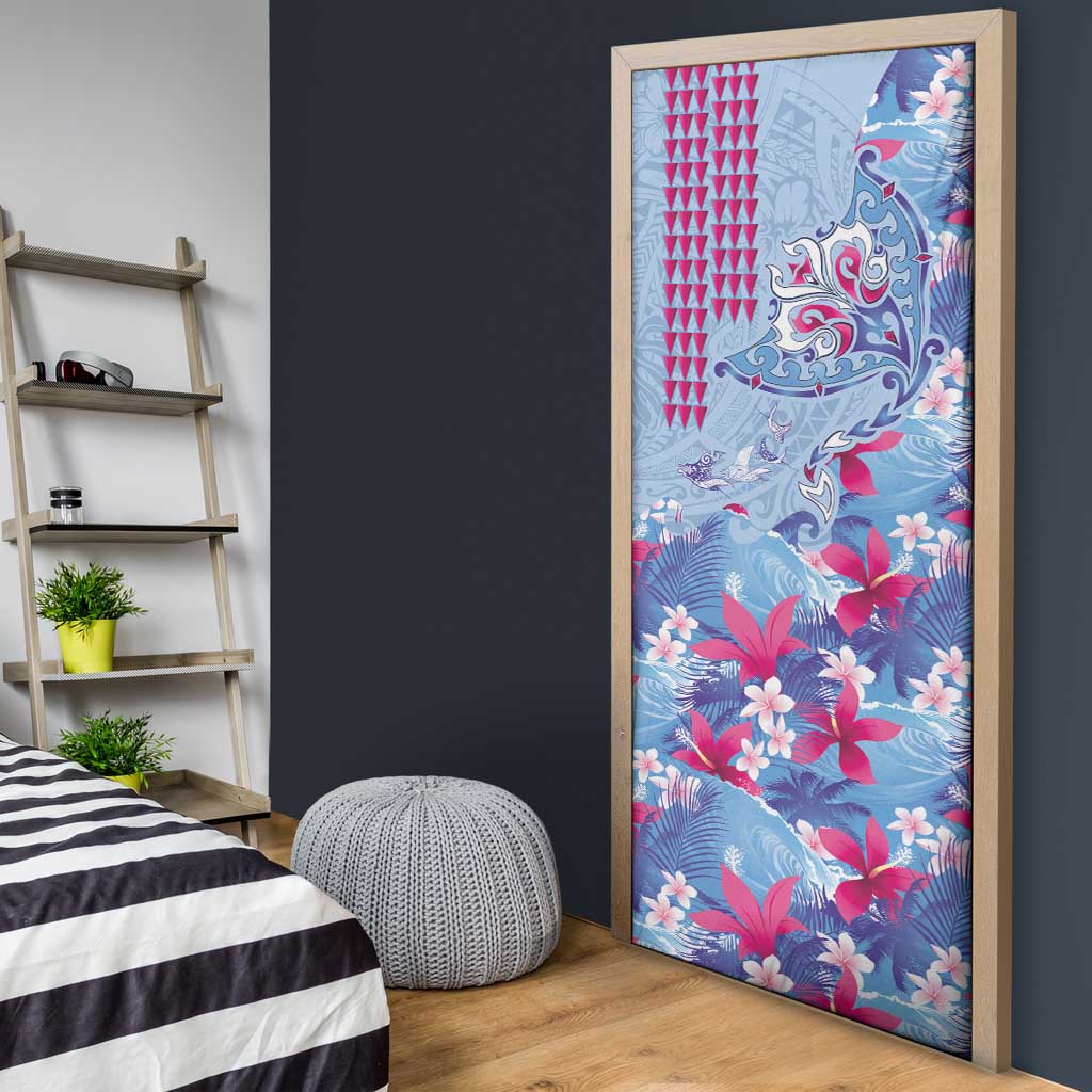 Hawaiian Tribal Manta Ray Door Cover Kakau Tattoo and Flowers Surfing Waves Pattern Soft Color