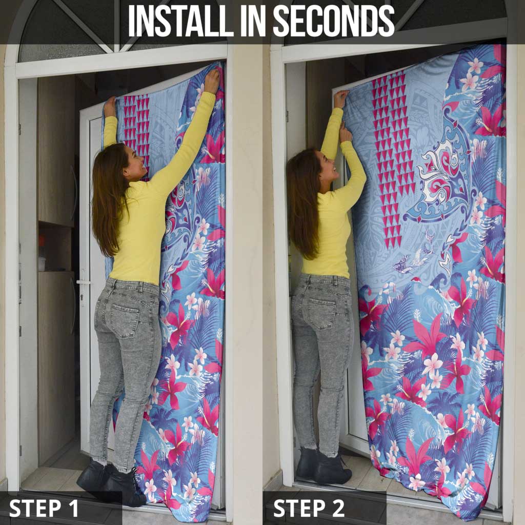 Hawaiian Tribal Manta Ray Door Cover Kakau Tattoo and Flowers Surfing Waves Pattern Soft Color