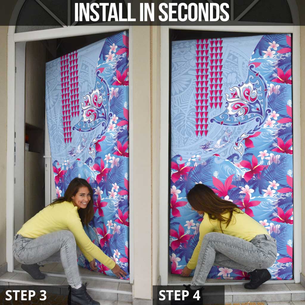 Hawaiian Tribal Manta Ray Door Cover Kakau Tattoo and Flowers Surfing Waves Pattern Soft Color