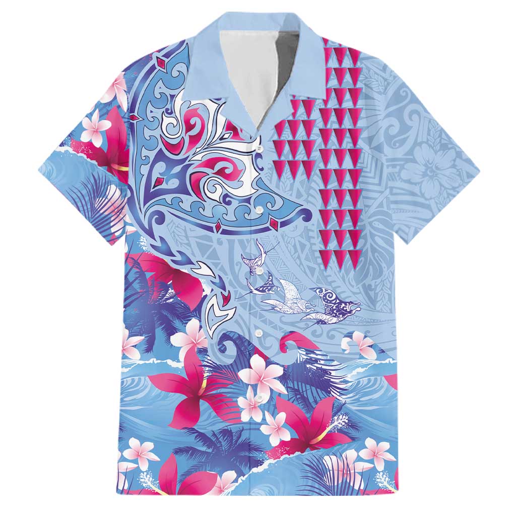 Hawaiian Tribal Manta Ray Family Matching Long Sleeve Bodycon Dress and Hawaiian Shirt Kakau Tattoo and Flowers Surfing Waves Pattern Soft Color LT03 Dad's Shirt - Short Sleeve Multicolor - Polynesian Pride
