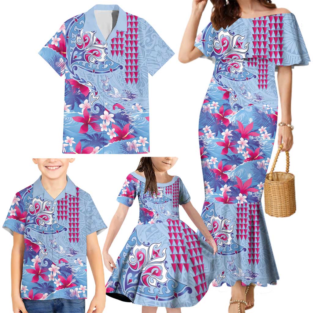 Hawaiian Tribal Manta Ray Family Matching Mermaid Dress and Hawaiian Shirt Kakau Tattoo and Flowers Surfing Waves Pattern Soft Color LT03 - Polynesian Pride