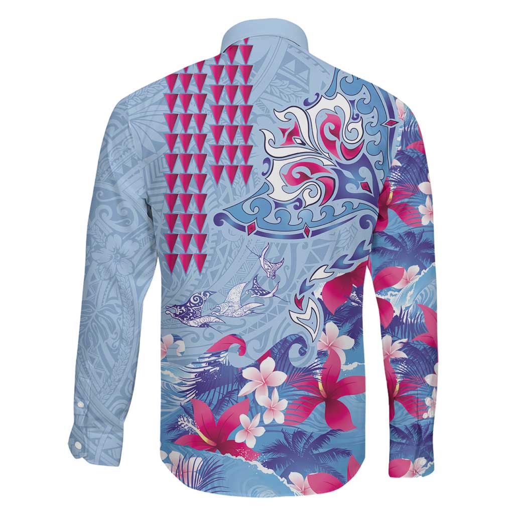 Hawaiian Tribal Manta Ray Family Matching Mermaid Dress and Hawaiian Shirt Kakau Tattoo and Flowers Surfing Waves Pattern Soft Color LT03 - Polynesian Pride