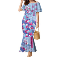 Hawaiian Tribal Manta Ray Family Matching Mermaid Dress and Hawaiian Shirt Kakau Tattoo and Flowers Surfing Waves Pattern Soft Color LT03 Mom's Dress Multicolor - Polynesian Pride