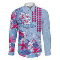 Hawaiian Tribal Manta Ray Family Matching Off Shoulder Short Dress and Hawaiian Shirt Kakau Tattoo and Flowers Surfing Waves Pattern Soft Color LT03 Dad's Shirt - Long Sleeve Multicolor - Polynesian Pride