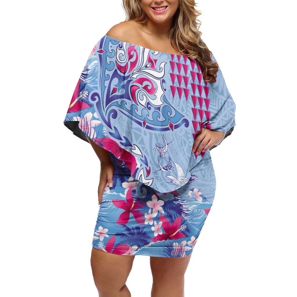 Hawaiian Tribal Manta Ray Family Matching Off Shoulder Short Dress and Hawaiian Shirt Kakau Tattoo and Flowers Surfing Waves Pattern Soft Color LT03 Mom's Dress Multicolor - Polynesian Pride