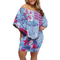Hawaiian Tribal Manta Ray Family Matching Off Shoulder Short Dress and Hawaiian Shirt Kakau Tattoo and Flowers Surfing Waves Pattern Soft Color LT03 Mom's Dress Multicolor - Polynesian Pride