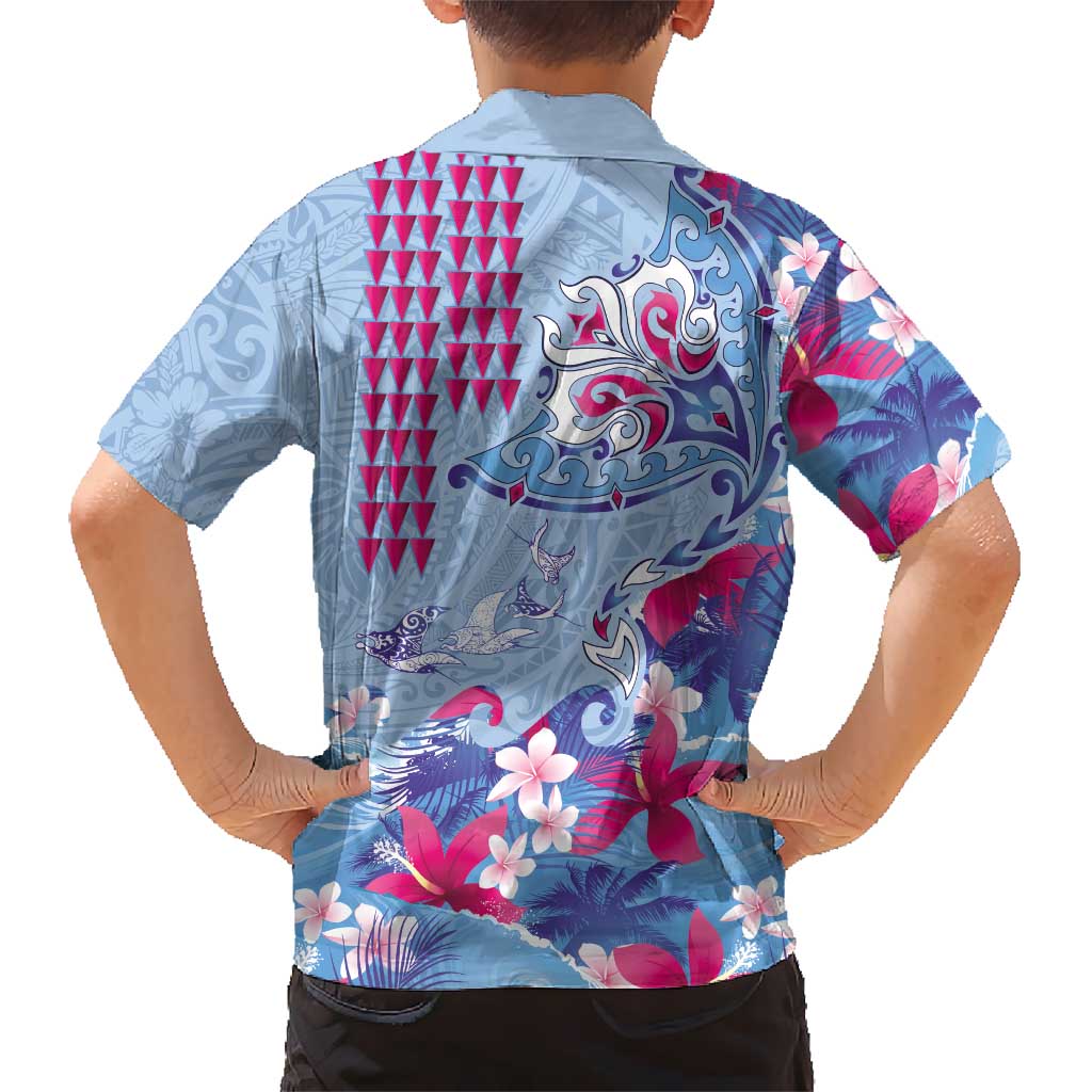 Hawaiian Tribal Manta Ray Family Matching Puletasi and Hawaiian Shirt Kakau Tattoo and Flowers Surfing Waves Pattern Soft Color LT03 - Polynesian Pride