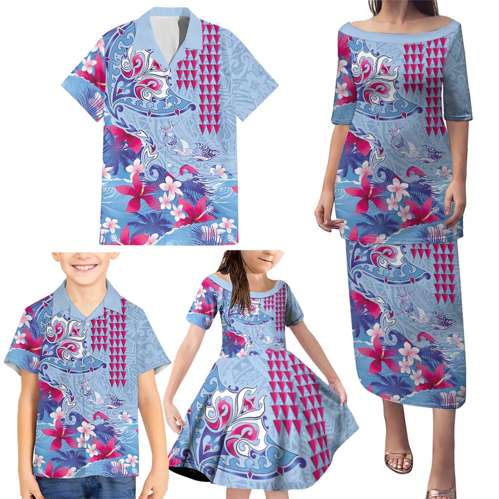 Hawaiian Tribal Manta Ray Family Matching Puletasi and Hawaiian Shirt Kakau Tattoo and Flowers Surfing Waves Pattern Soft Color LT03 - Polynesian Pride