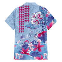Hawaiian Tribal Manta Ray Family Matching Puletasi and Hawaiian Shirt Kakau Tattoo and Flowers Surfing Waves Pattern Soft Color LT03 - Polynesian Pride