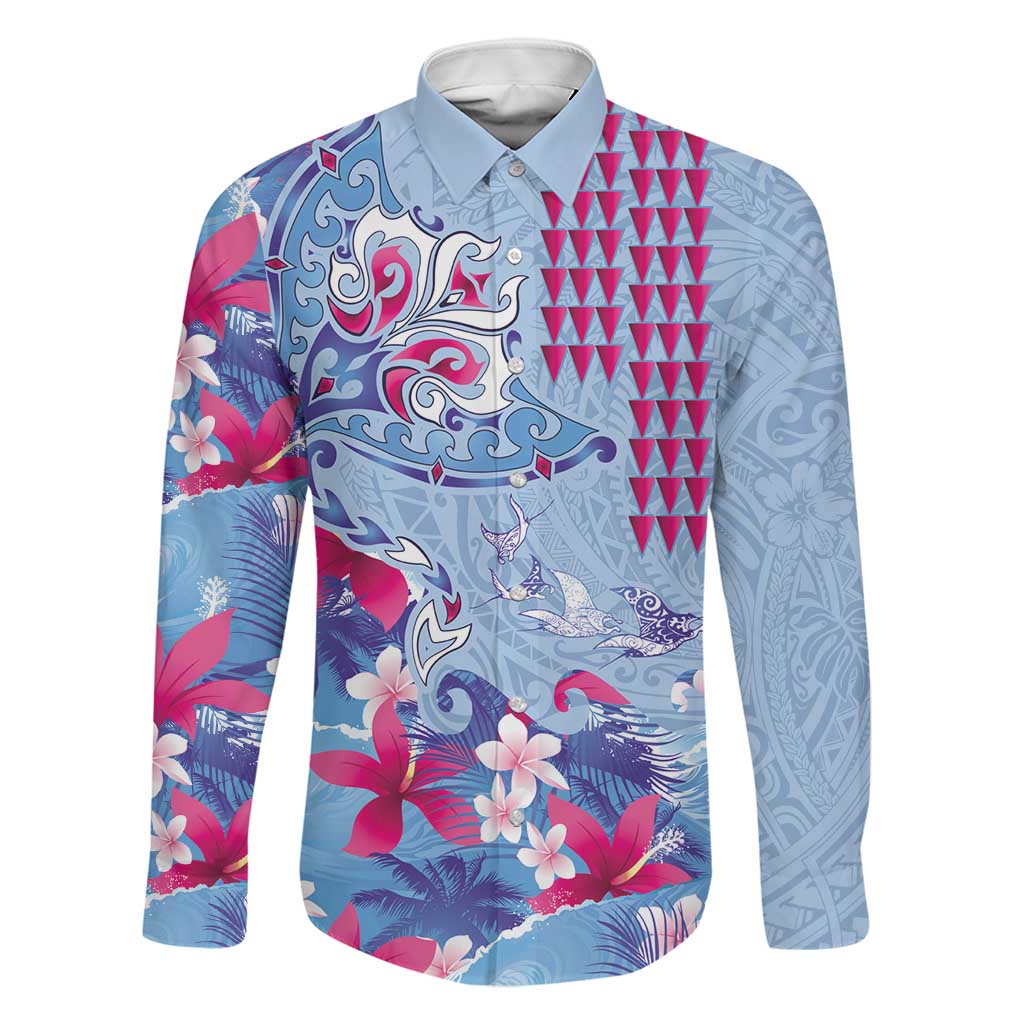 Hawaiian Tribal Manta Ray Family Matching Puletasi and Hawaiian Shirt Kakau Tattoo and Flowers Surfing Waves Pattern Soft Color LT03 Dad's Shirt - Long Sleeve Multicolor - Polynesian Pride