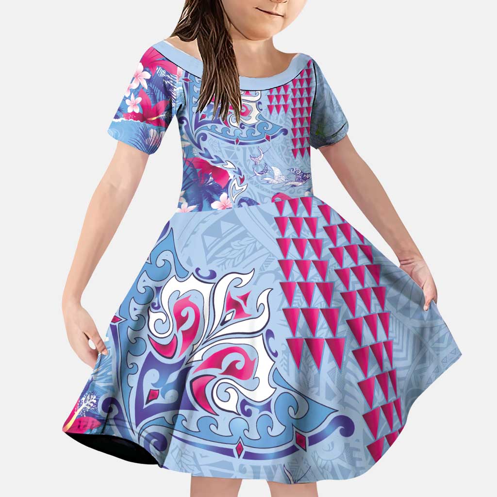 Hawaiian Tribal Manta Ray Family Matching Short Sleeve Bodycon Dress and Hawaiian Shirt Kakau Tattoo and Flowers Surfing Waves Pattern Soft Color LT03 Daughter's Dress Multicolor - Polynesian Pride